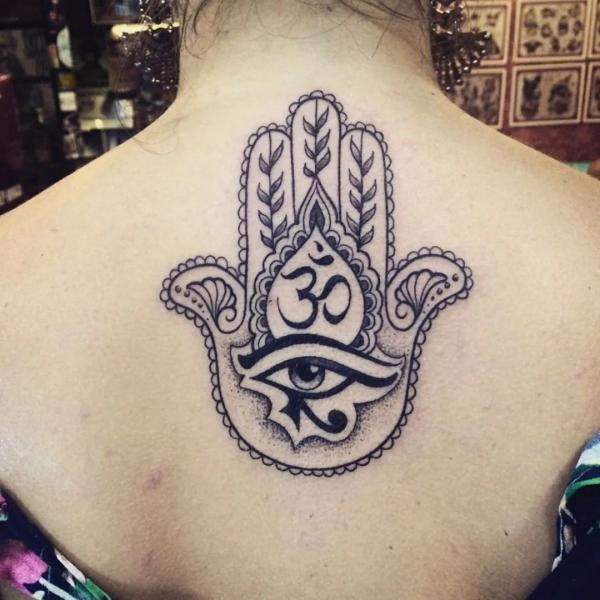 Hamsa with eye of Horus and OM tattoo