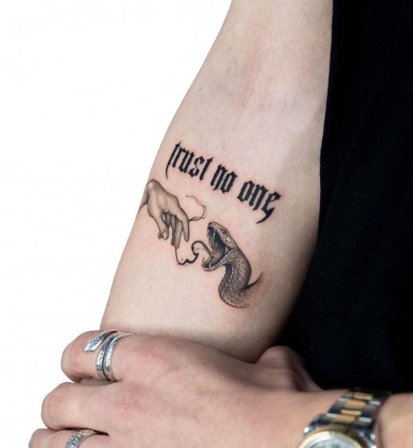 Hand ans snake head with words trust no one