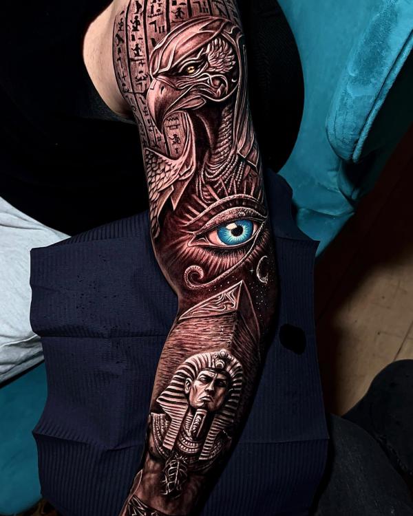 Horus Eye of Ra and King Tut full sleeve tattoo