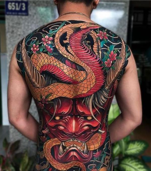 Japanese Oni and cobra full back tattoo