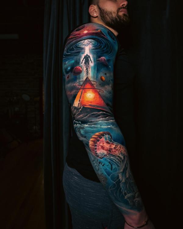 Jellyfish and UFO tattoo sleeve