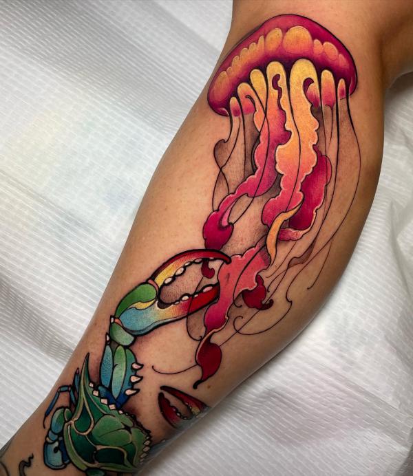 Jellyfish and crab tattoo