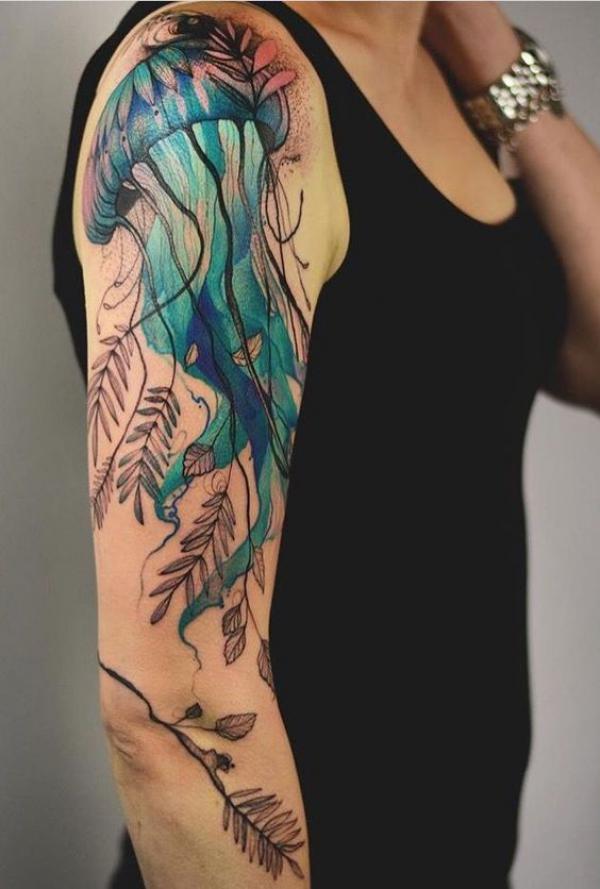 Jellyfish and fern tattoo