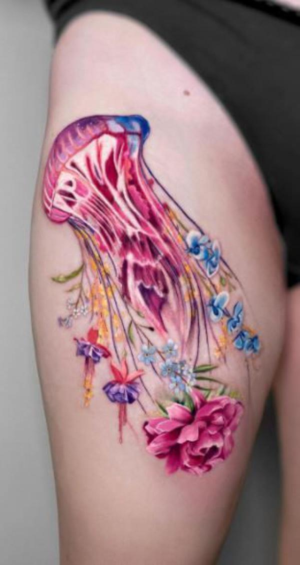 Jellyfish and flower tattoo