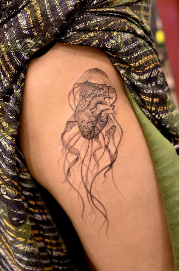 Jellyfish and human heart dotwork