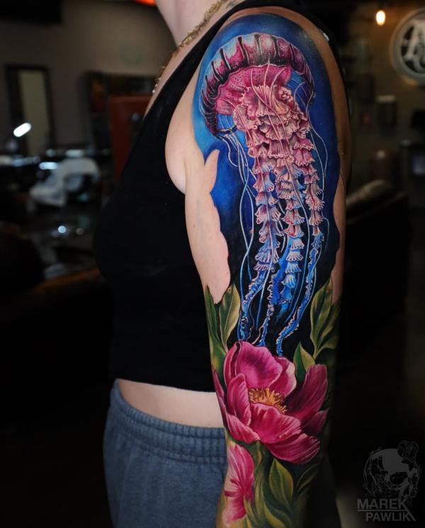 Jellyfish and peony tattoo