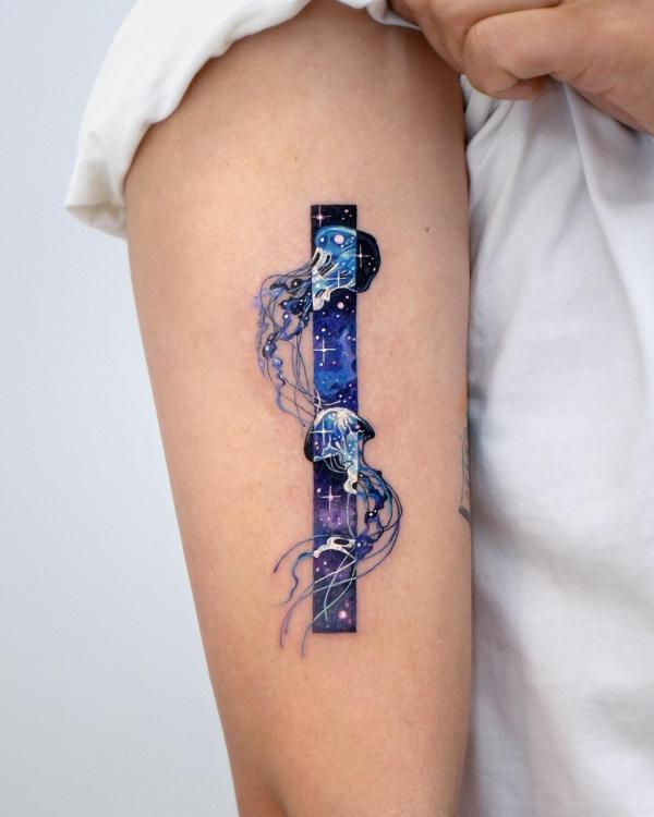 Jellyfish and stars rectangular tattoo