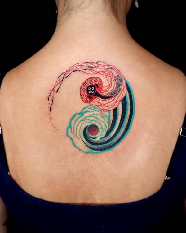 Jellyfish and wave Yin Yang tattoo