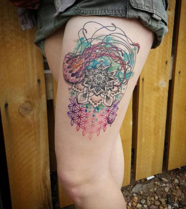 Jellyfish mandala and flower of life tattoo