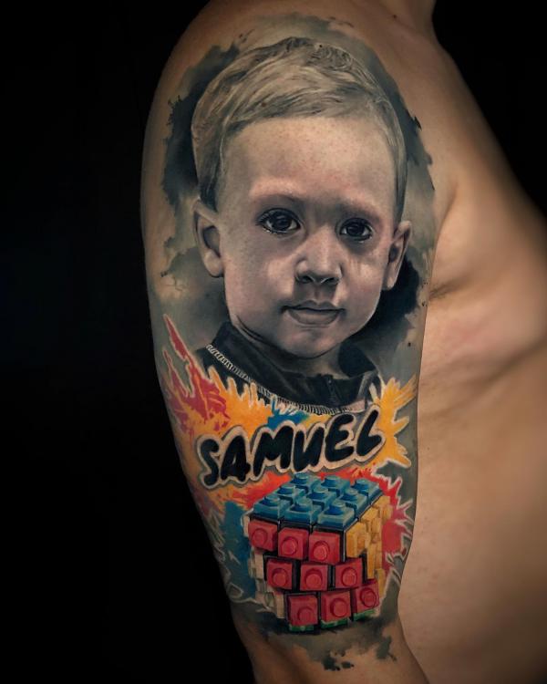 Kid portrait and Rubiks Cube with name
