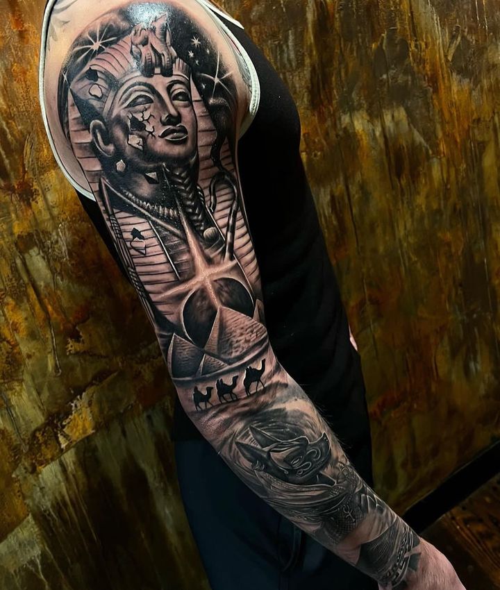 King Tut Pyramids and Anubis tattoo sleeve