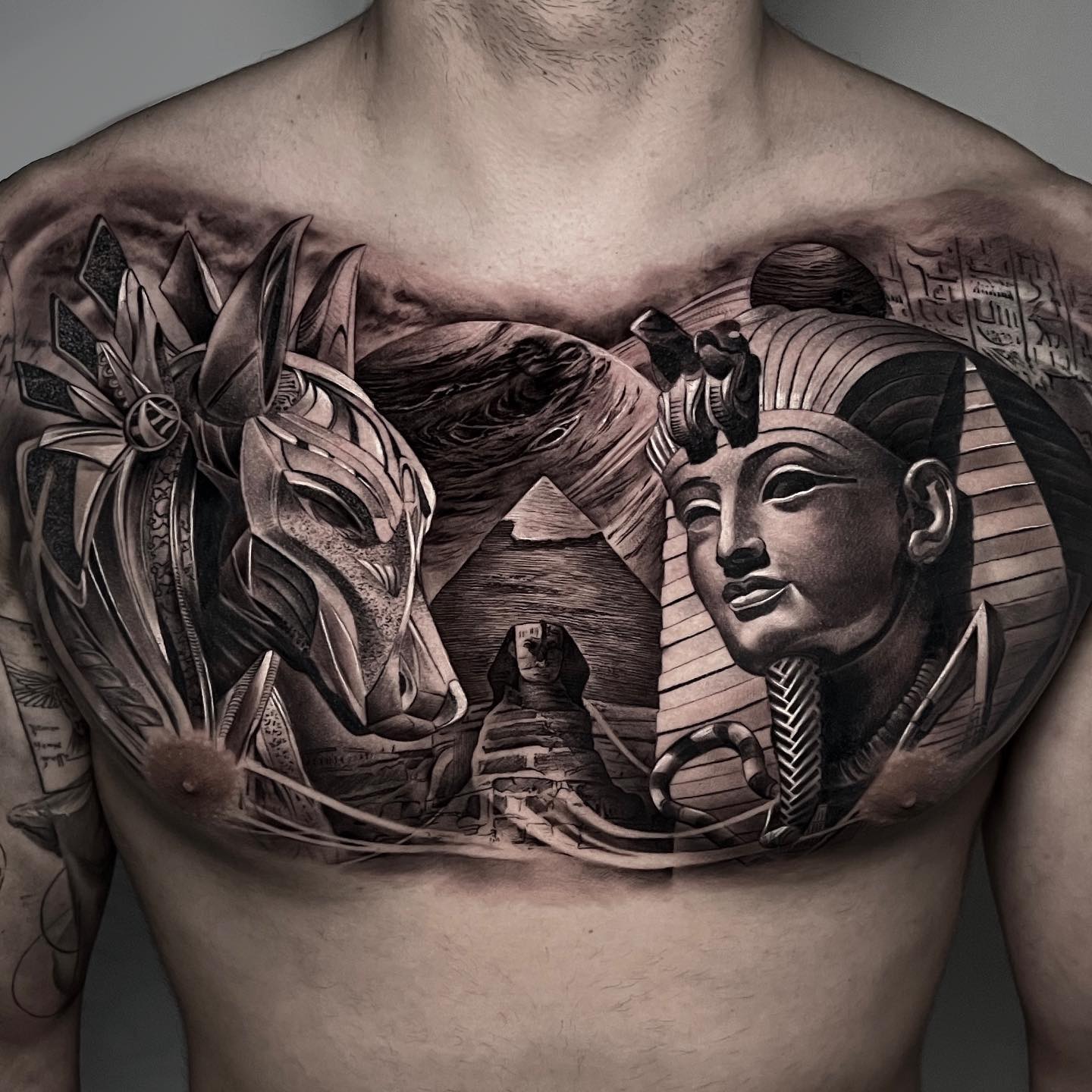 King Tut and Anubis chest tattoo