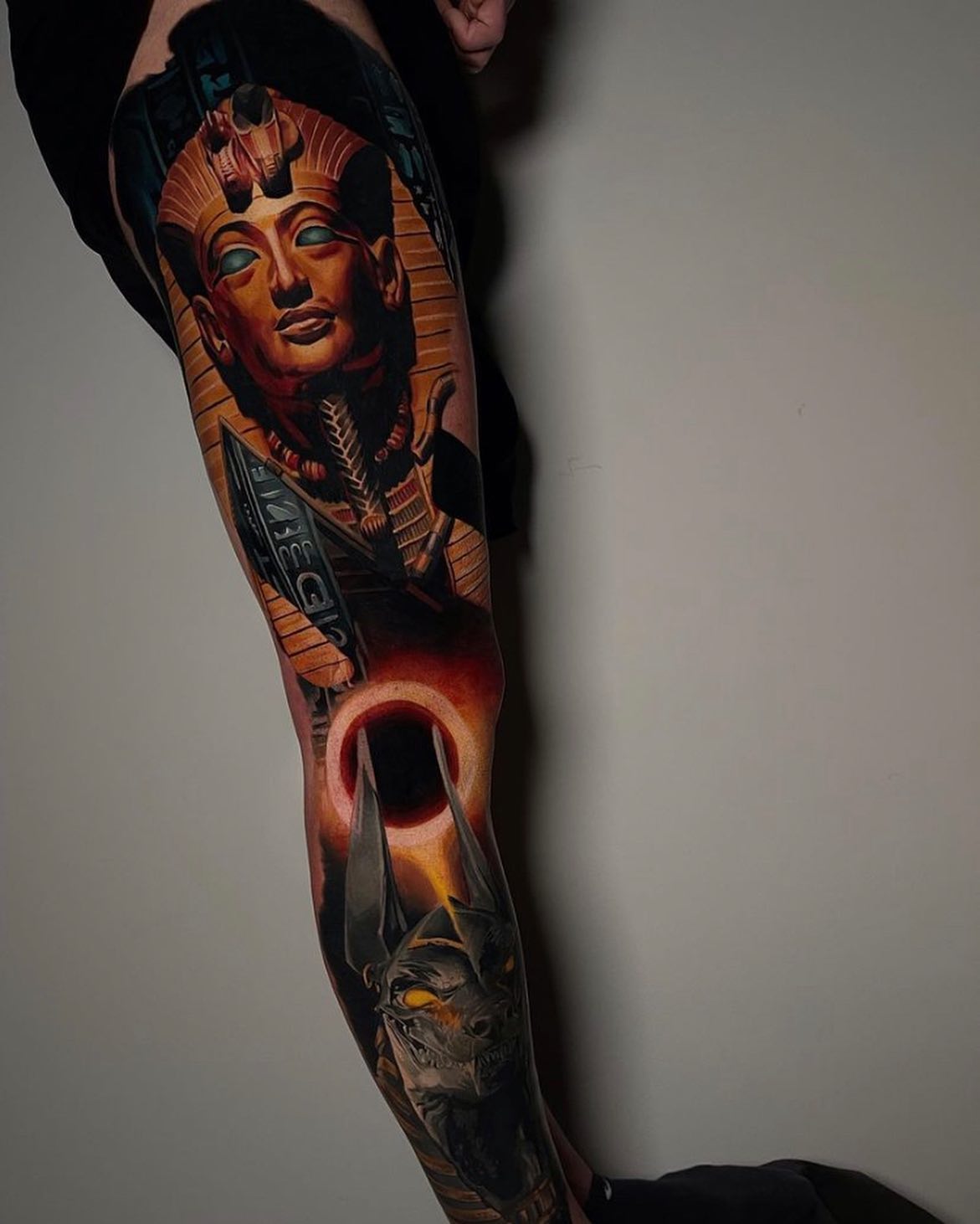 King Tut and Anubis leg tattoo sleeve