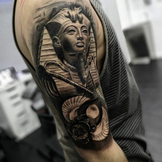 King Tut and Scarab Beetle half sleeve tattoo
