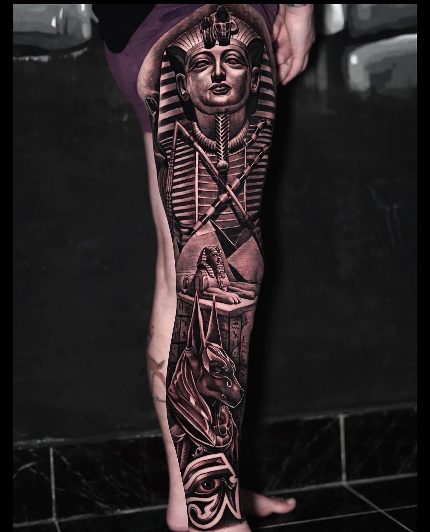 King Tut and Sphinx Anubis and eye of Ra leg sleeve tattoo