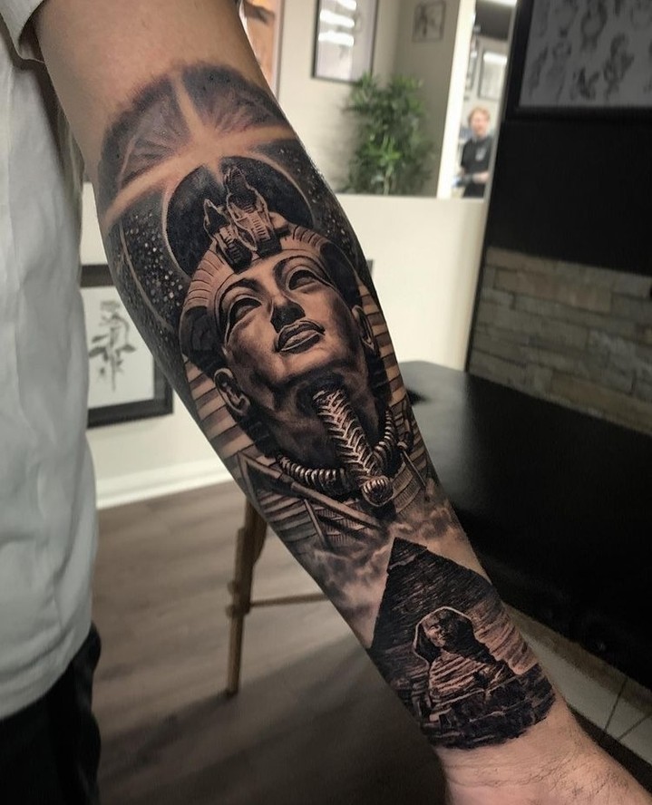 King Tut and Sphinx forearm tattoo