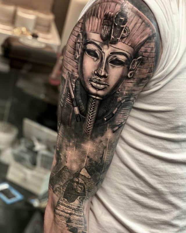 King Tut and Sphinx half sleeve tattoo
