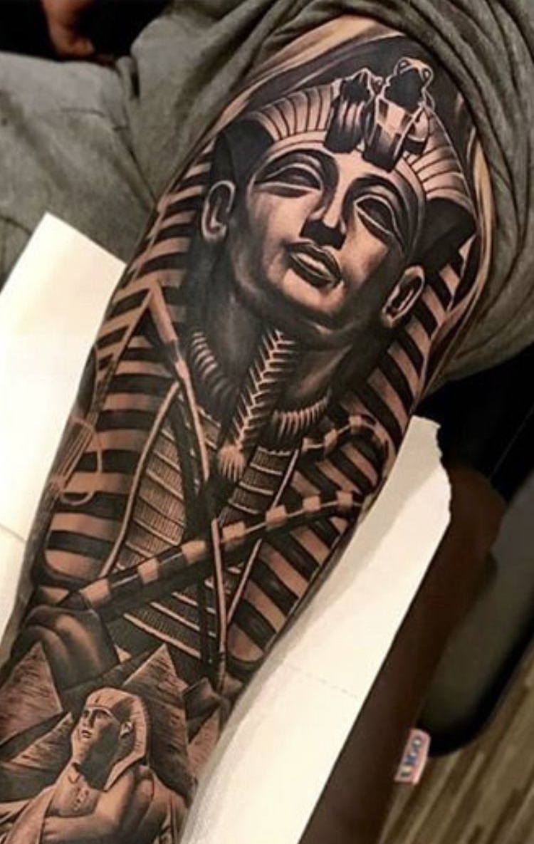 King Tut and Sphinx leg tattoo