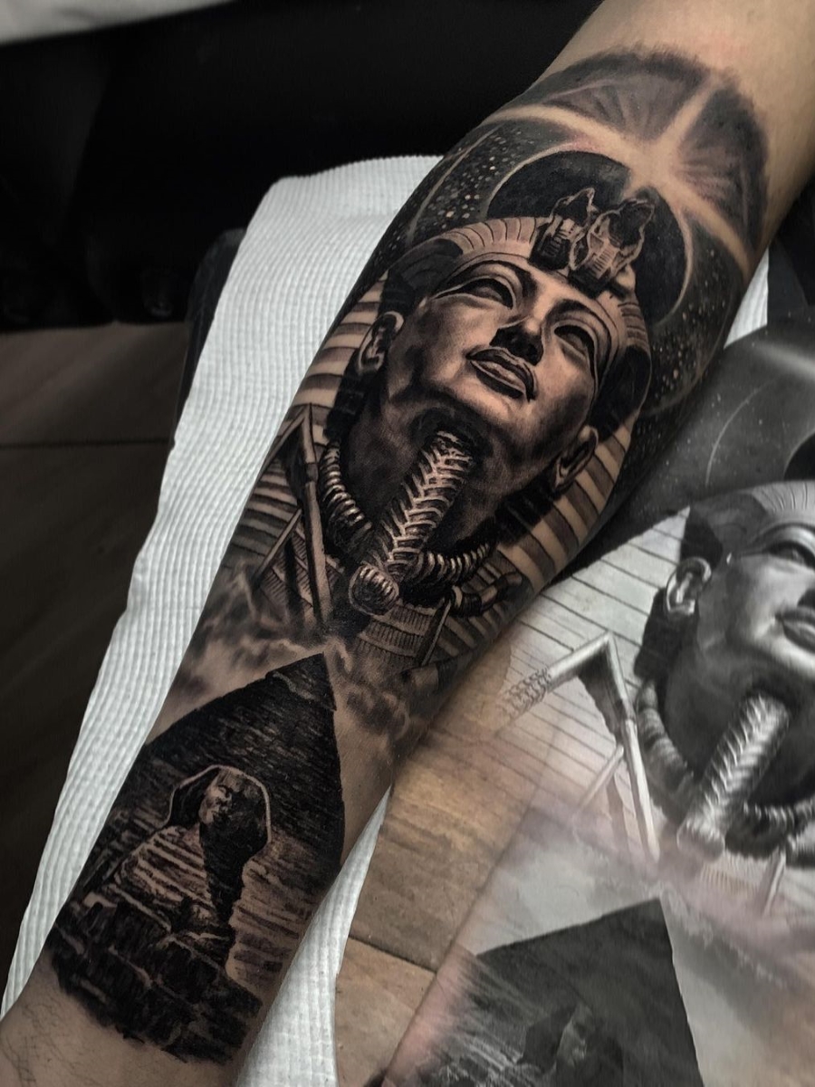 King Tut and Sphinx under sun tattoo