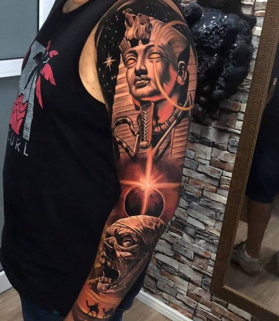 King Tut and devil tattoo sleeve