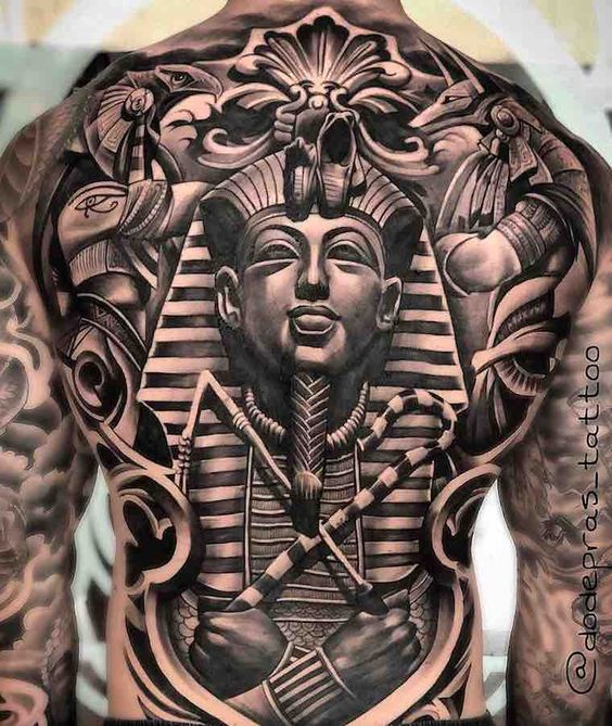 King Tut full back tattoo with nemes headdress