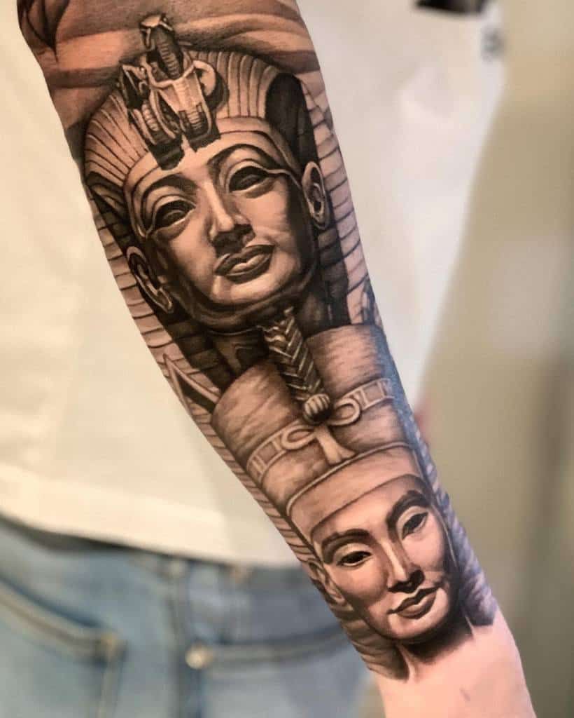 King tut and Nefertiti forearm tattoo