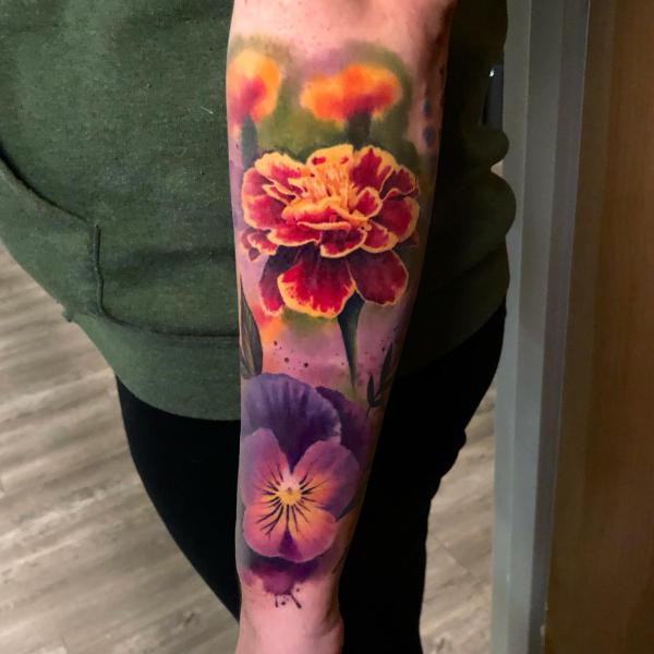 Marigold and pansy tattoo realistic