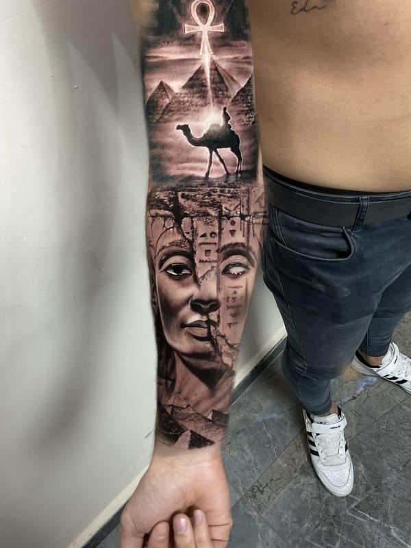 Nefertiti and pyramid with Ankh tattoo sleeve