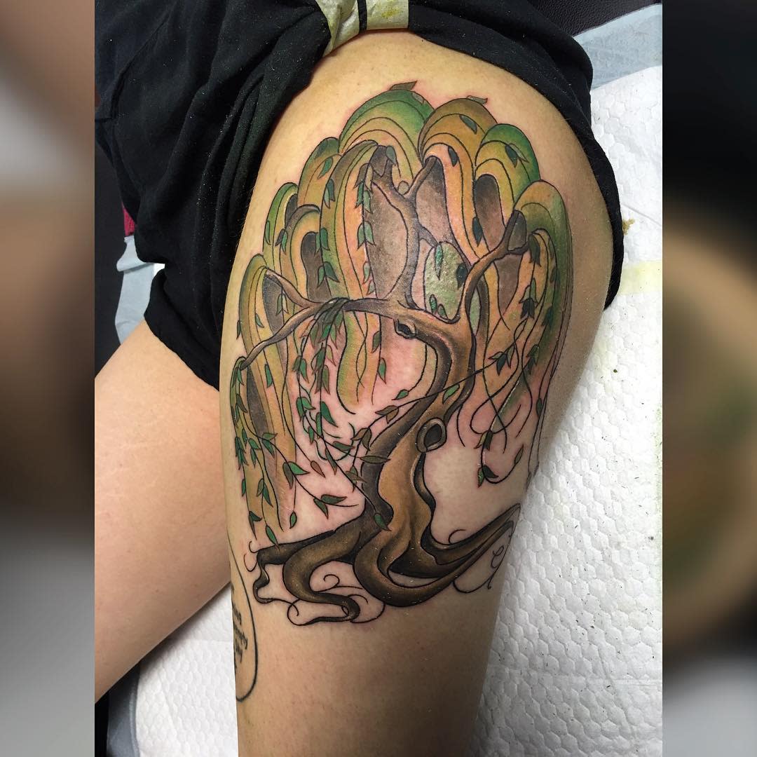 Neo traditional Weeping willow tattoo on thigh