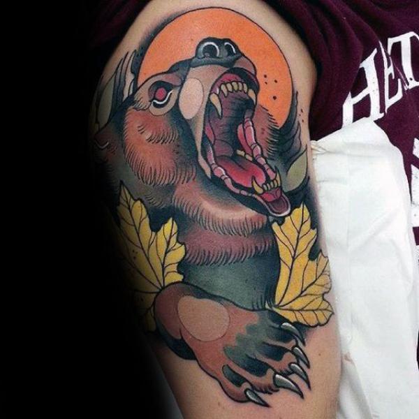 Neo traditional fall bear and leaves under moon
