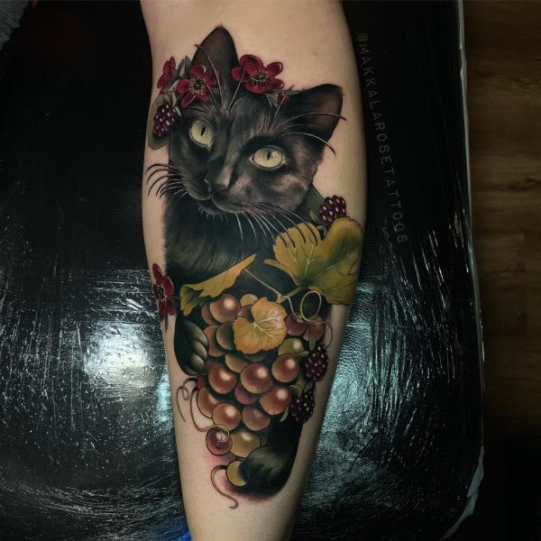 Neo traditional grape and black cat tattoo