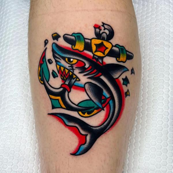 Old school shark and anchor tattoo