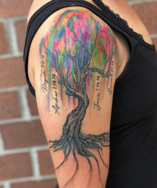 Old willow tree with names and dates tattoo