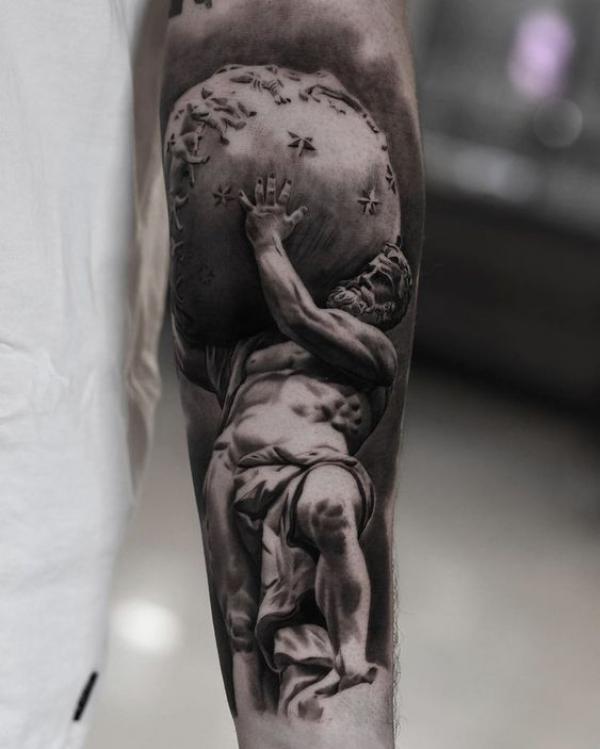 Realistic Atlas holding a sphere tattoo sleeve