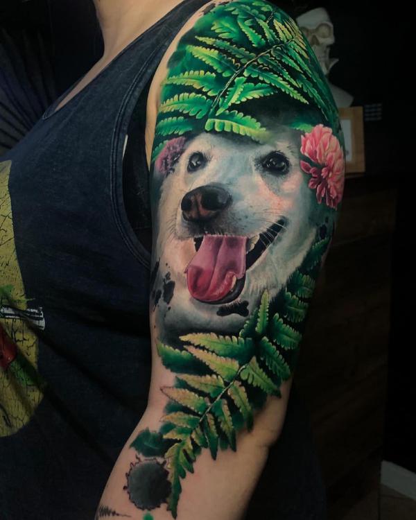 Realistic dog surrounded by green ferns and flowers