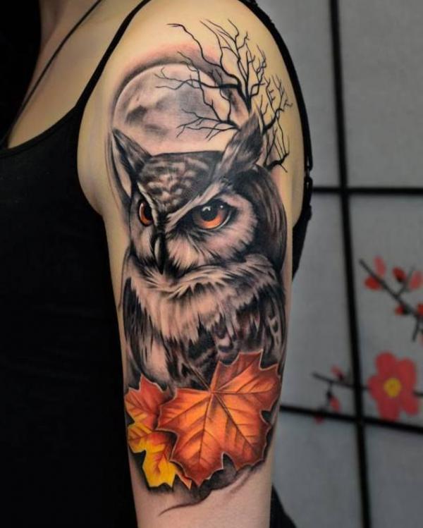 Realistic owl with orangle leaves half sleeve tattoo