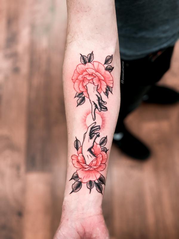 Red ink floral Creation of Adam tattoo