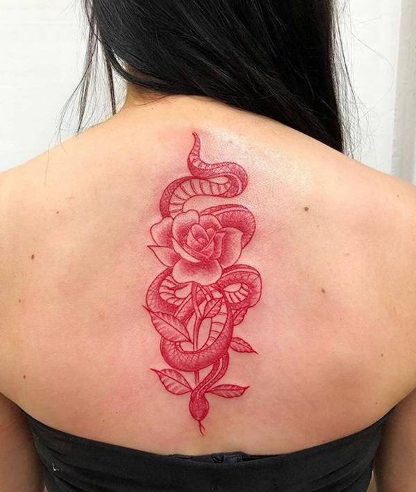 Red rose and snake tattoo on back