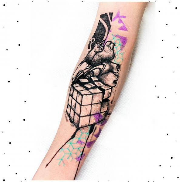 Rubik's Cube and blood vessels tattoo black and grey