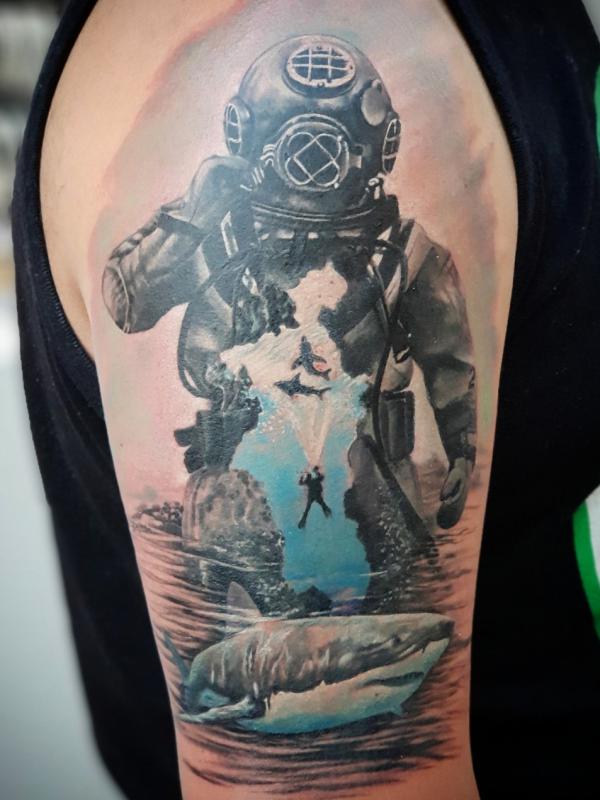 Scuba diver and shark tattoo sleeve