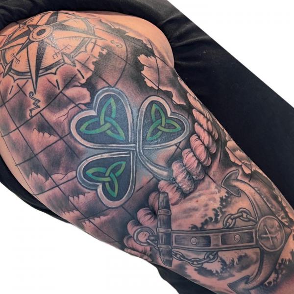 Shamrock with compass and anchor tattoo