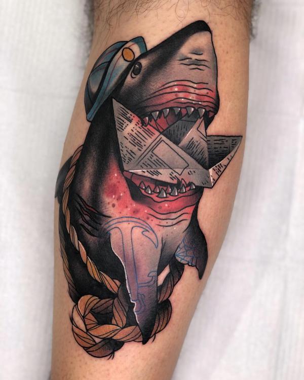 Shark and Origami boat tattoo