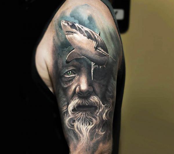 Shark and Poseidon tattoo