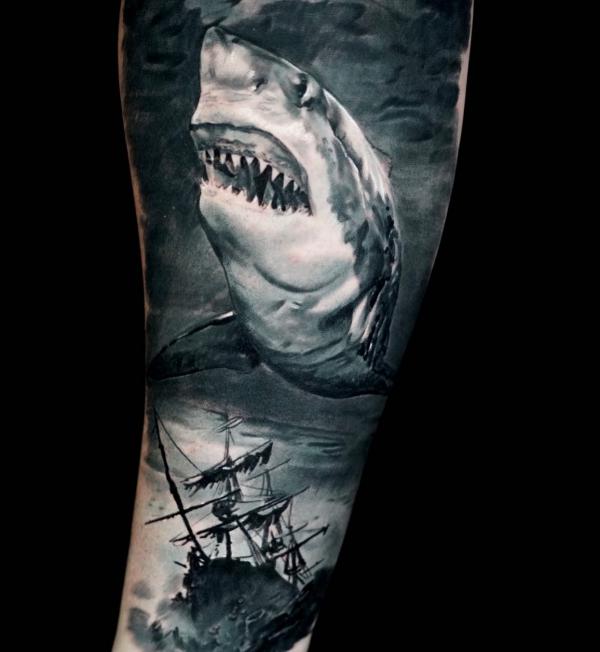 Shark and boat in storm