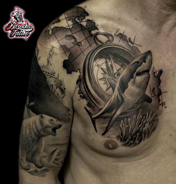 Shark and compass chest tattoo