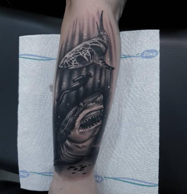 Shark and diver blackwork