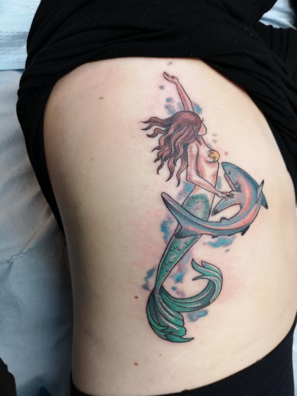 Shark and mermaid side tattoo