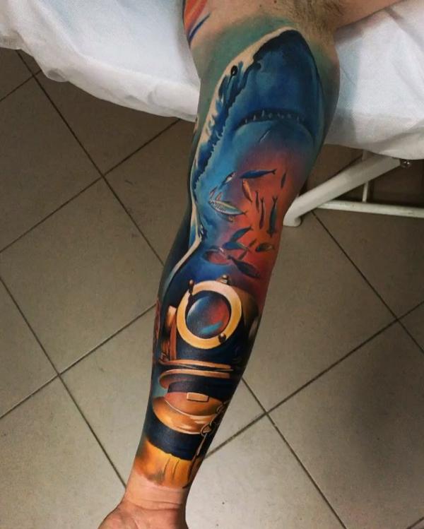 Shark and scuba diver full sleeve tattoo