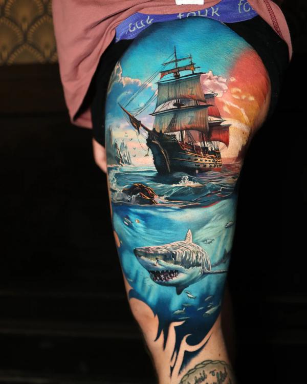 Shark and ship tattoo