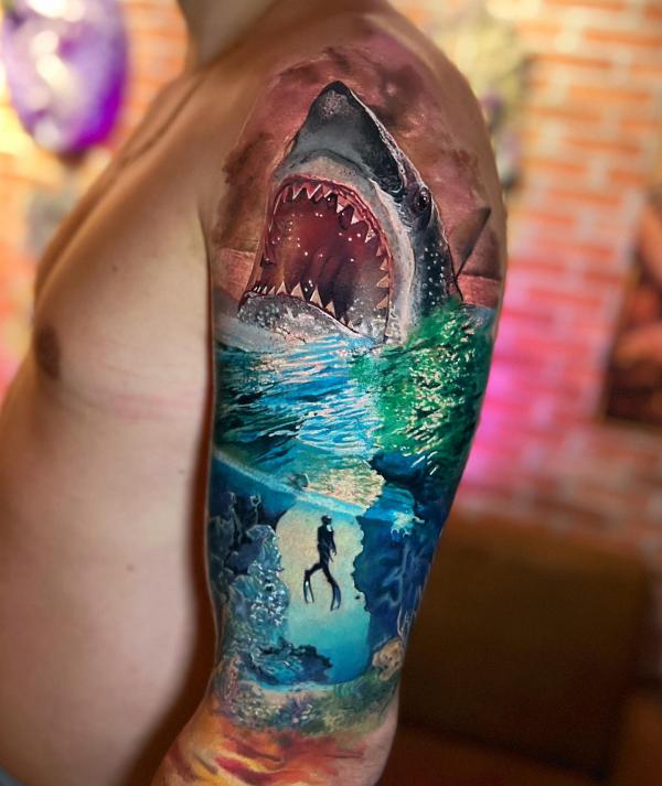 Shark and underwater diving tattoo